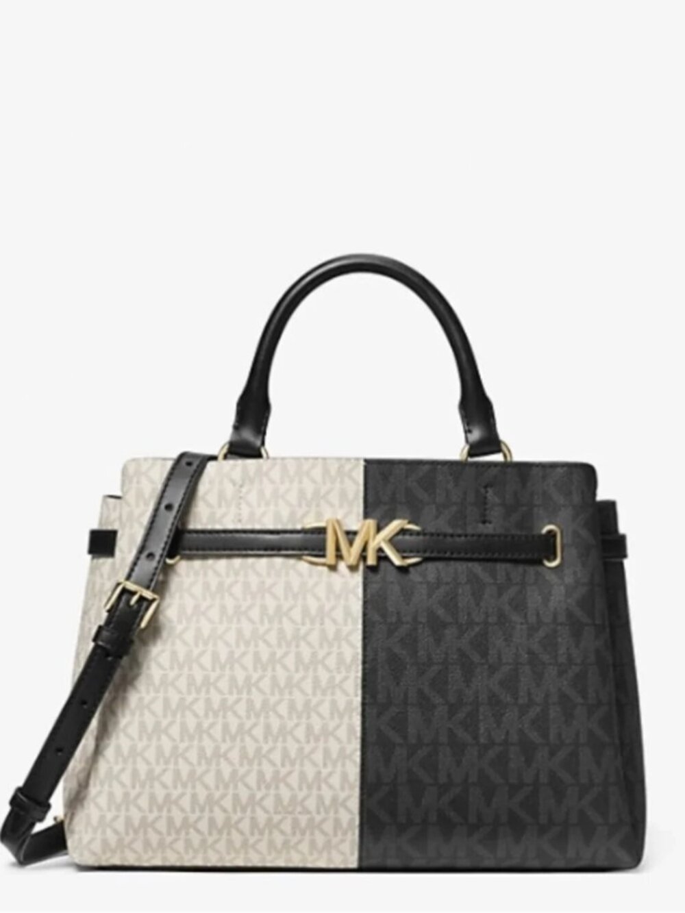 NWOT Michael Kors Reed Large Two-Tone Graphic Logo Belted Satchel